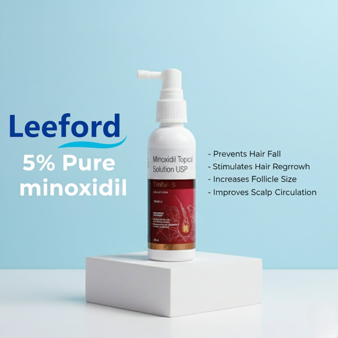Tinfal- 5 .Minoxidil 5% by leeford. ( for male pattern baldness , gentic hair fall etc.) 60ml