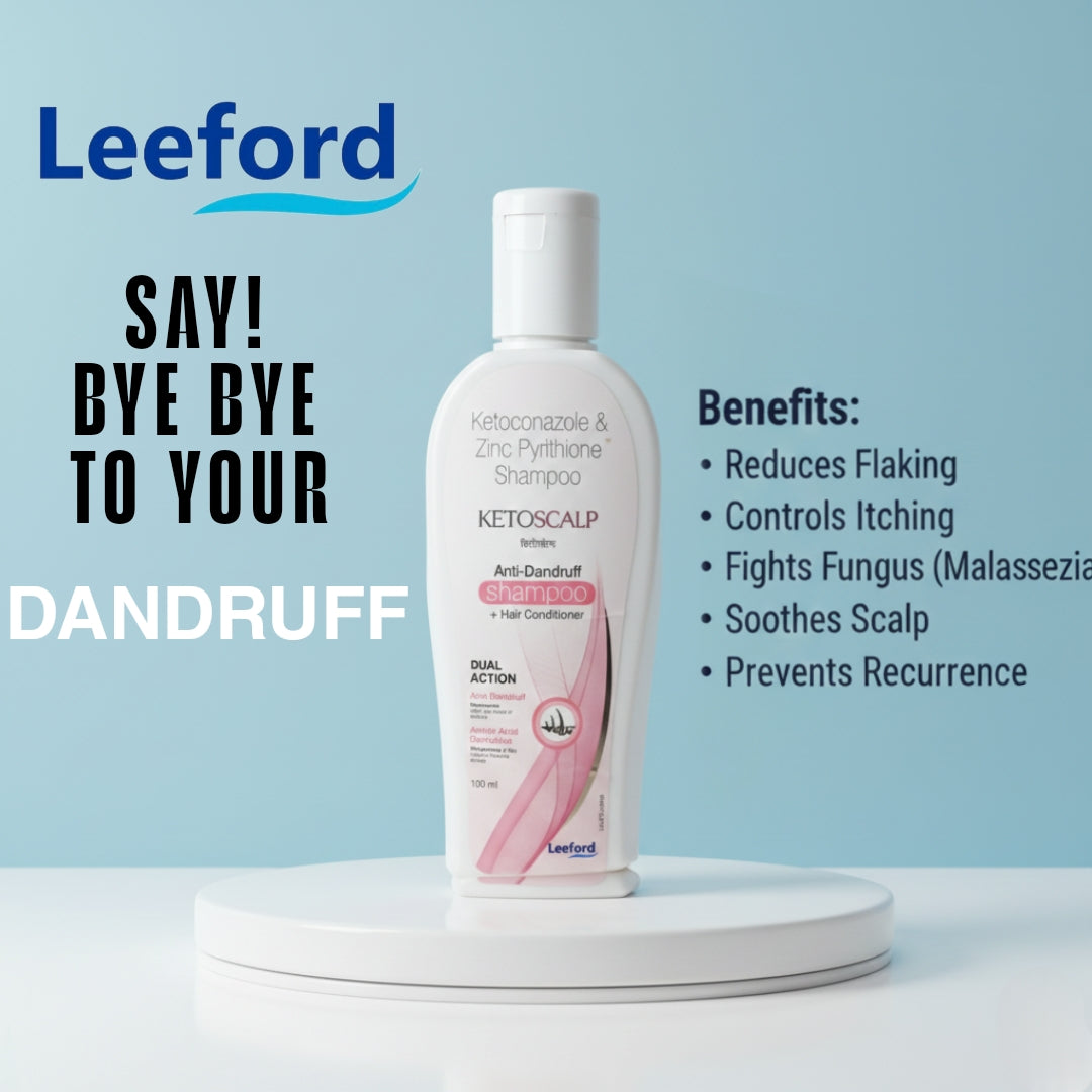 Leeford Ketoscalp . Anti dandruff shampoo + hair growth. Power packed with ketoconazole 2% and zinc pyrithione 1% . Get rid of dandruff within 12 days
